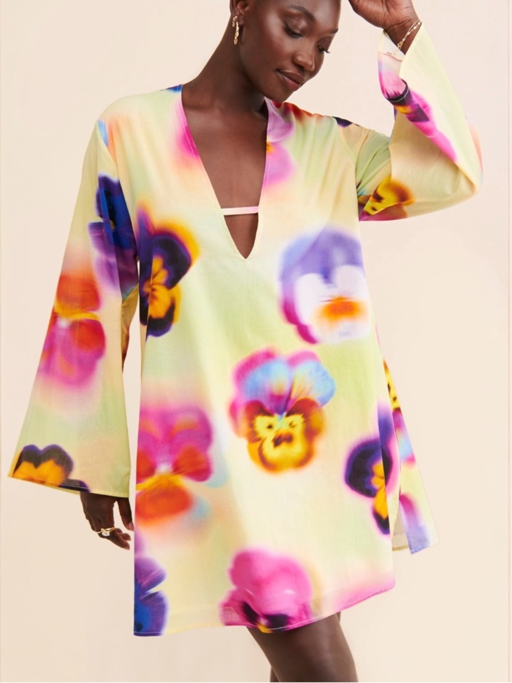Anthropologie WRAY Floral Dye Tunic Light Cotton Plunging Neckline Dress S